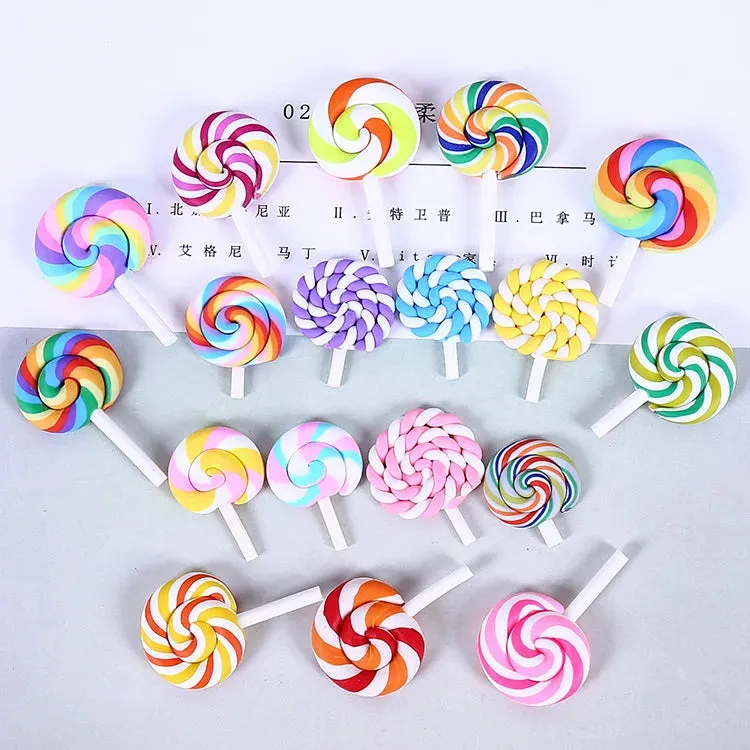 10pcs Rainbow Pottery Clay Lollipop Series Miniatures Scrapbooking Supplies Flatback Cabochon Material Embellishment DIY Jewelry