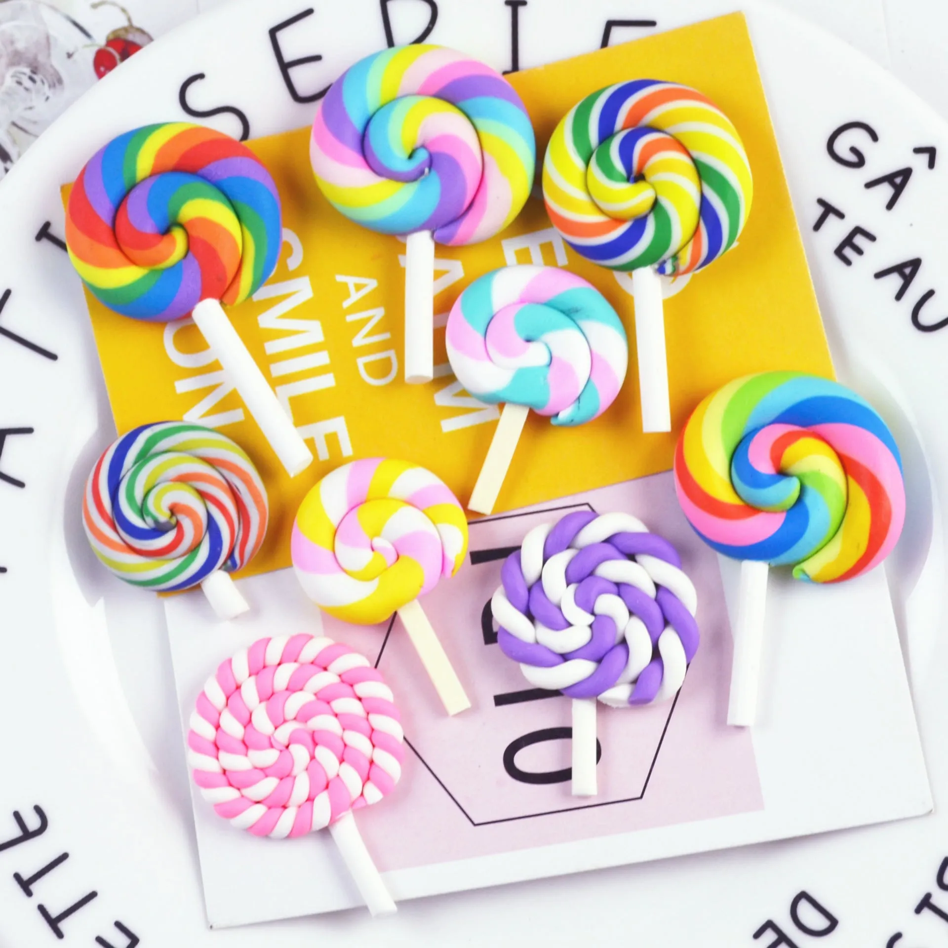 10pcs Rainbow Pottery Clay Lollipop Series Miniatures Scrapbooking Supplies Flatback Cabochon Material Embellishment DIY Jewelry