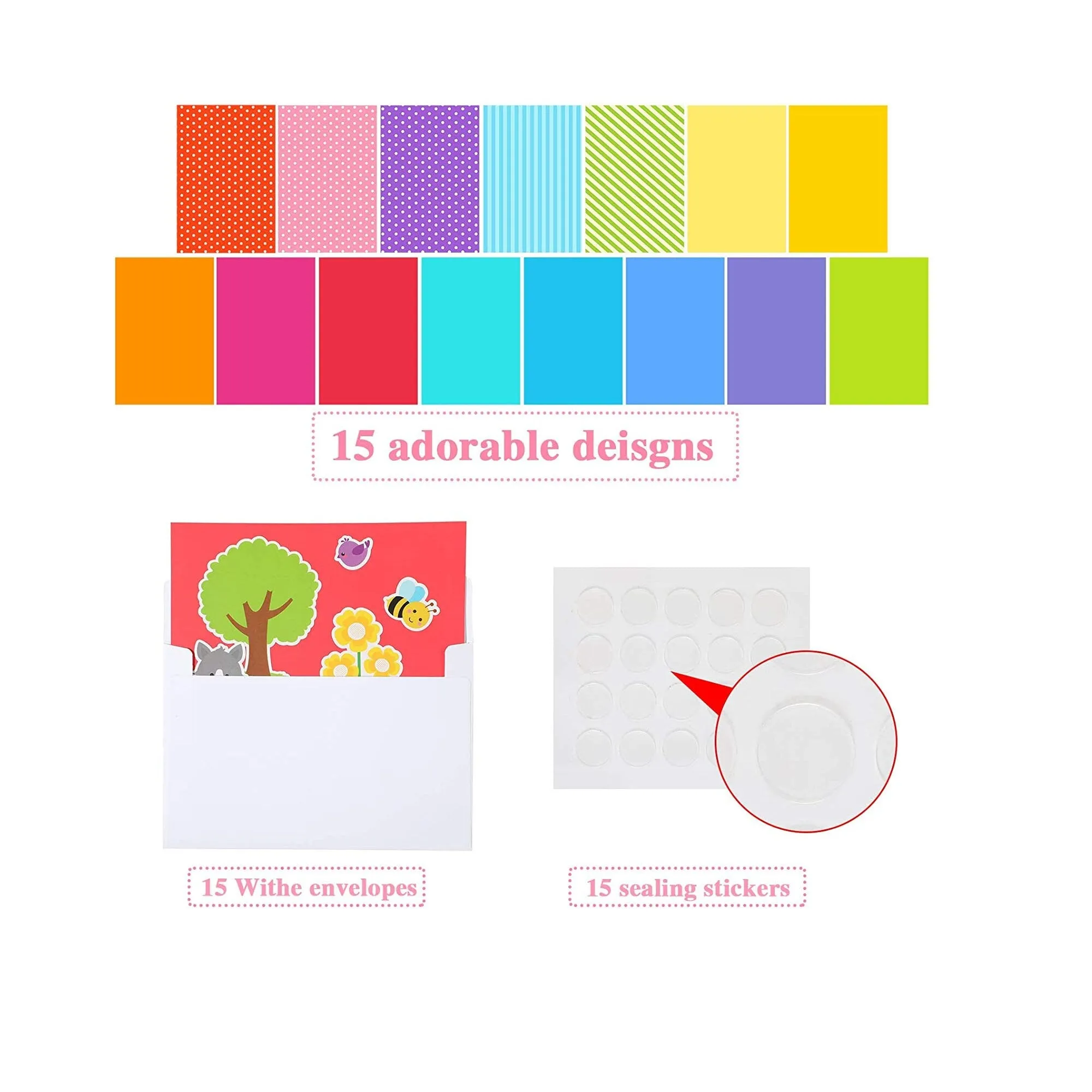 15 Pieces Card Making Kits for Kids with 3 Sheets Stickers | 15 Pieces Blank Envelopes and 15 Pieces Seal Stickers