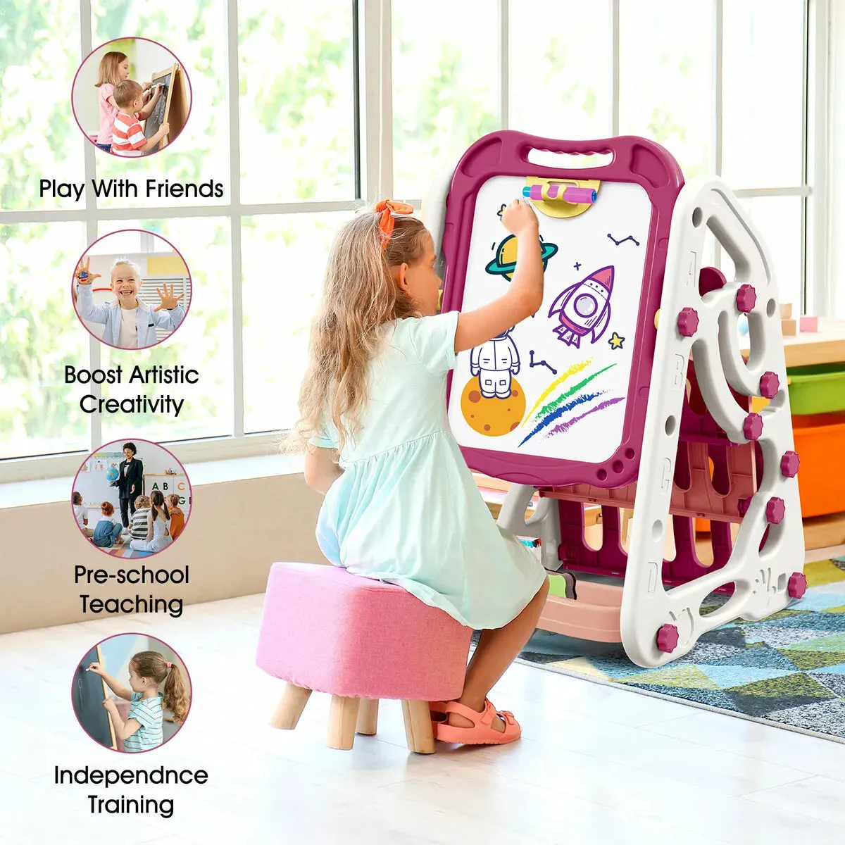 90cm Multi-functional Artistic Drawing Board With Book Shelf - Pink