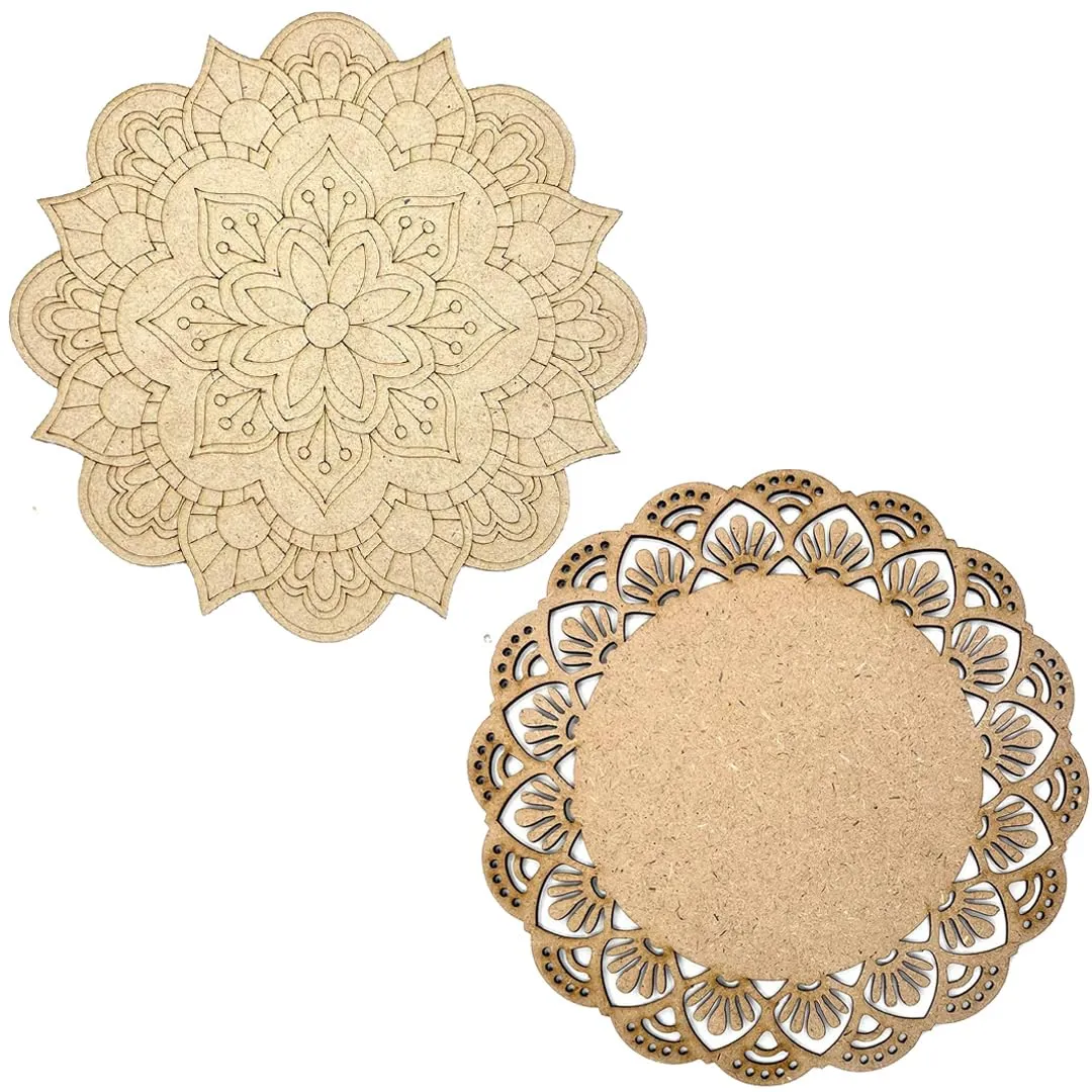 American Elm 2 Pcs Premarked MDF Floral Cutout Design Mandala for Art and Craft 12 Inch Flower Shaped Mandala