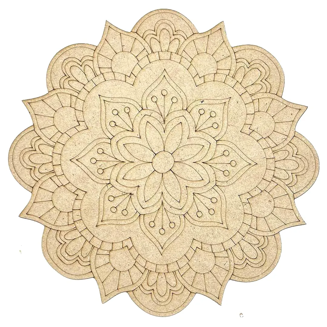 American Elm 2 Pcs Premarked MDF Floral Cutout Design Mandala for Art and Craft 12 Inch Flower Shaped Mandala