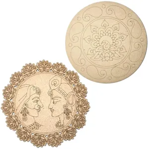 American Elm 2 Pcs Premarked MDF Peacock, Radha Krishna Engraved Design Mandala for Art and Craft 6 Inch Art Décor