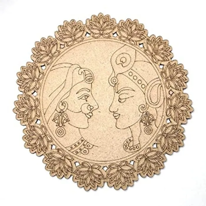 American Elm 2 Pcs Premarked MDF Peacock, Radha Krishna Engraved Design Mandala for Art and Craft 6 Inch Art Décor
