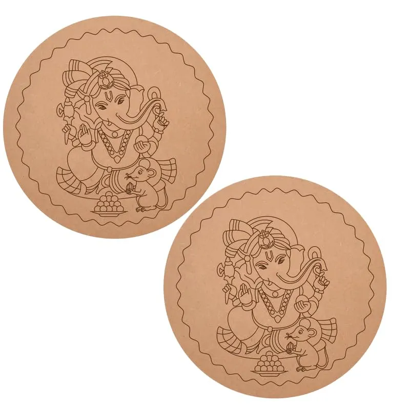 American Elm Pack of 2 MDF Pre-Marked Ganesha Round Kits Smooth Surface, Clear Texture Laser-Carved