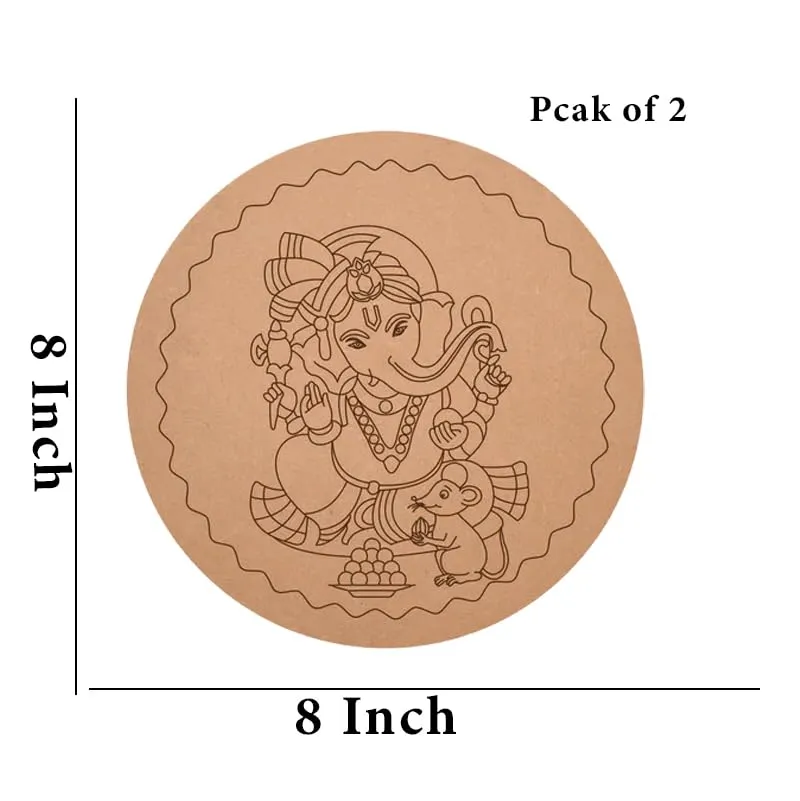 American Elm Pack of 2 MDF Pre-Marked Ganesha Round Kits Smooth Surface, Clear Texture Laser-Carved
