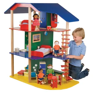 Big Beautiful Wooden Dollhouse with Multicultural Families & Furniture | 33-Piece Set