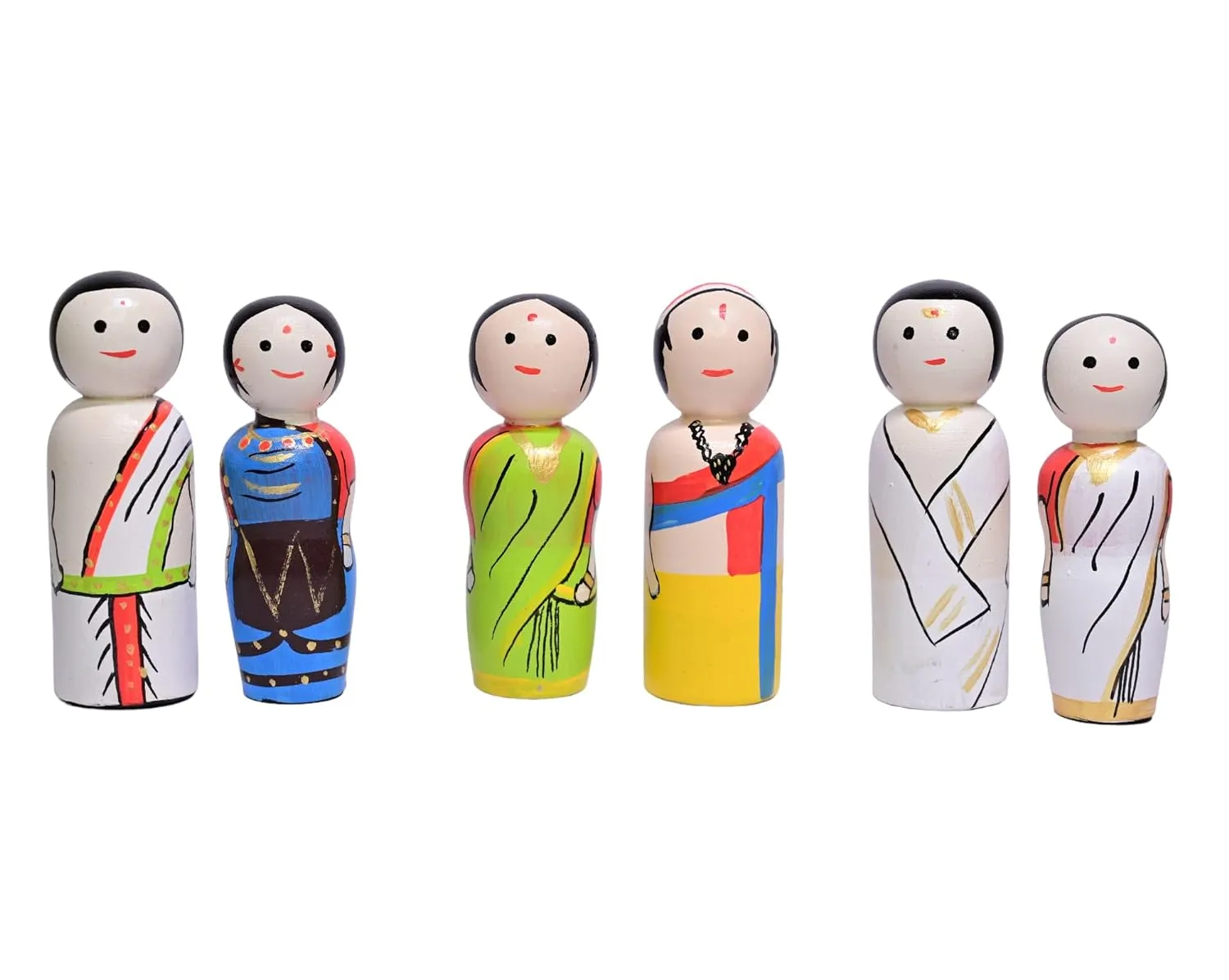 Channapatna Toys Wooden Peg Dolls: Set of 6 South Indian Couples | Non-Toxic Colors, Handmade Pretend Play Dolls for Kids (2 Years )
