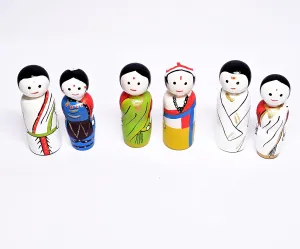 Channapatna Toys Wooden Peg Dolls: Set of 6 South Indian Couples | Non-Toxic Colors, Handmade Pretend Play Dolls for Kids (2 Years )