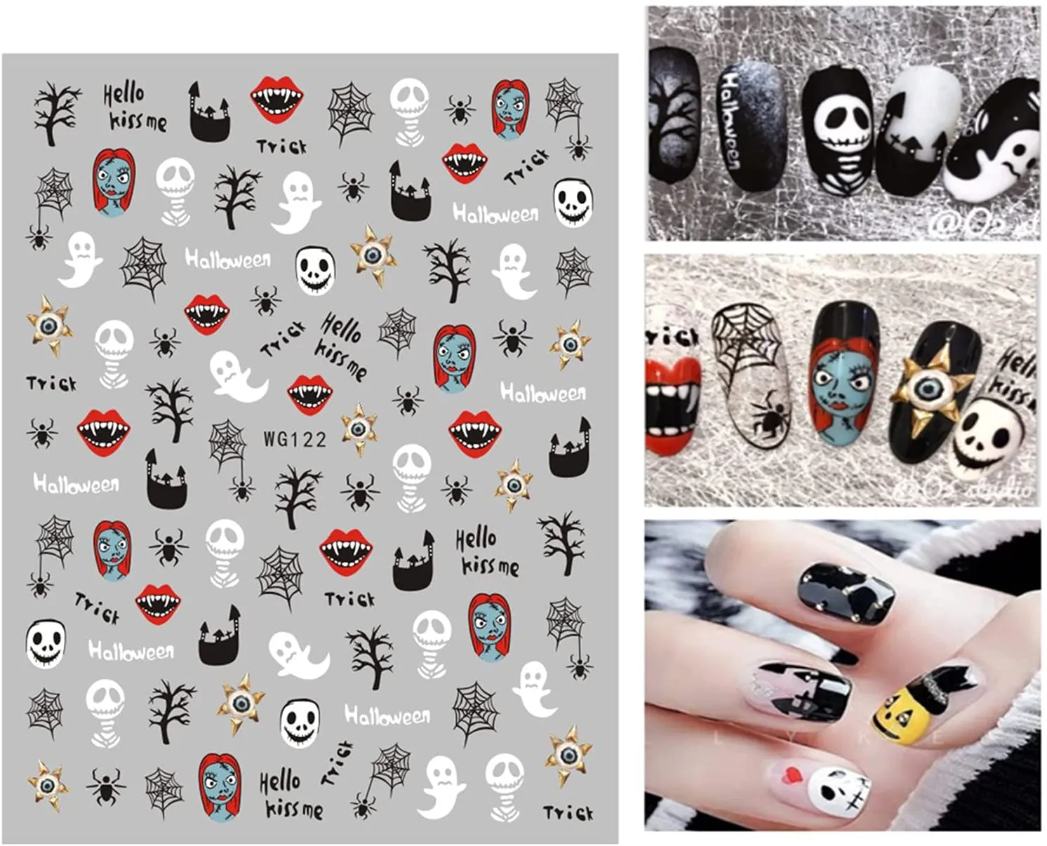Halloween Nail Art Stickers Decals 6 Sheets Skull Pumpkin Spider Bat Ghost Witch Blood Nail Art Stickers Self Adhesive Fingernails Decorations DIY Nail Art Tips Accessories