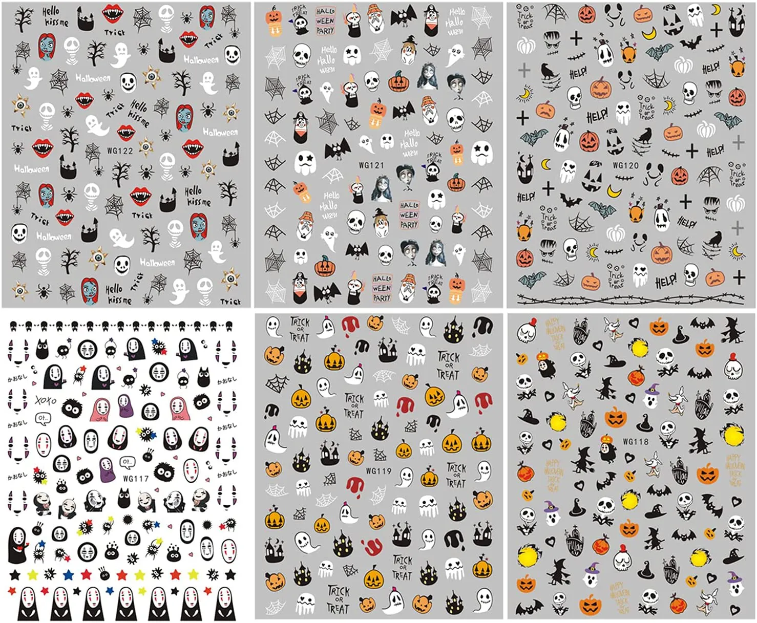 Halloween Nail Art Stickers Decals 6 Sheets Skull Pumpkin Spider Bat Ghost Witch Blood Nail Art Stickers Self Adhesive Fingernails Decorations DIY Nail Art Tips Accessories