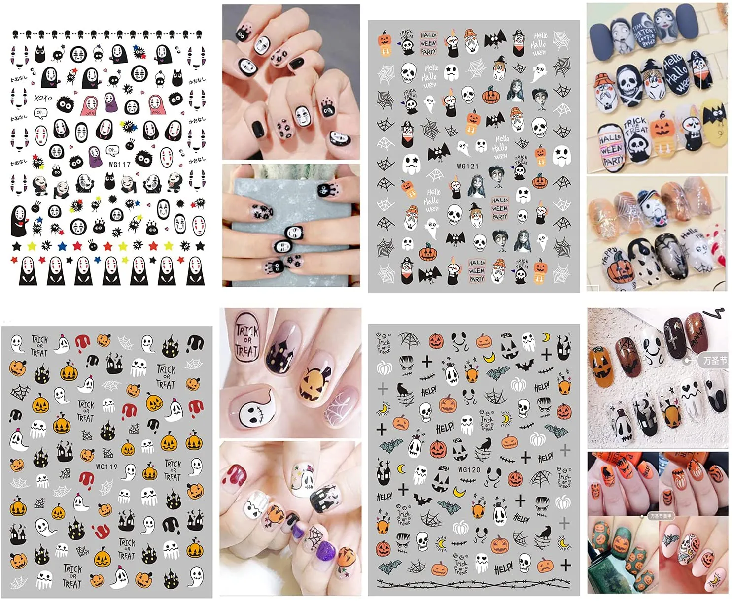 Halloween Nail Art Stickers Decals 6 Sheets Skull Pumpkin Spider Bat Ghost Witch Blood Nail Art Stickers Self Adhesive Fingernails Decorations DIY Nail Art Tips Accessories