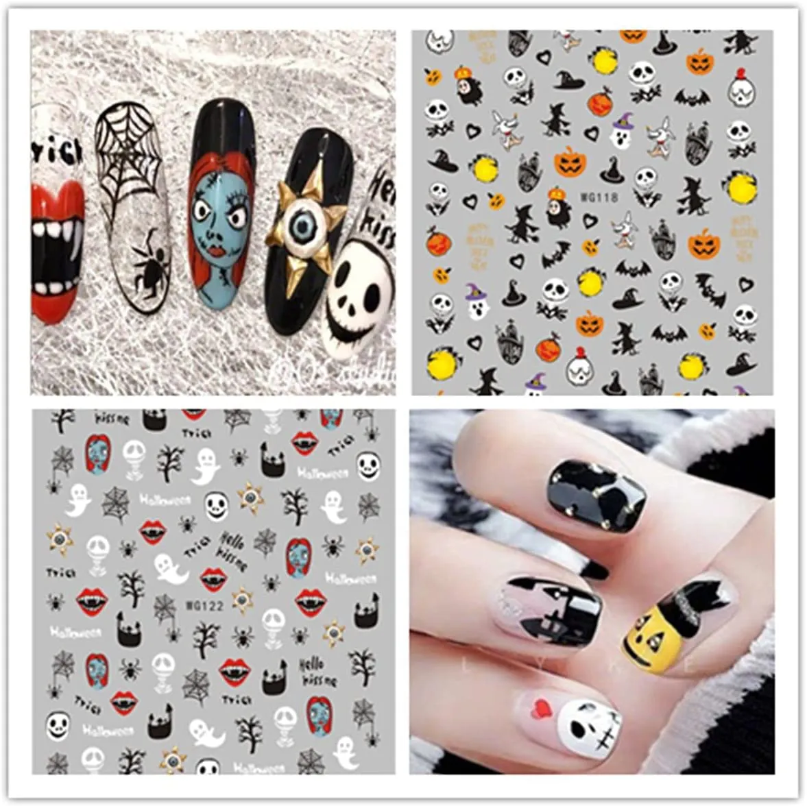 Halloween Nail Art Stickers Decals 6 Sheets Skull Pumpkin Spider Bat Ghost Witch Blood Nail Art Stickers Self Adhesive Fingernails Decorations DIY Nail Art Tips Accessories