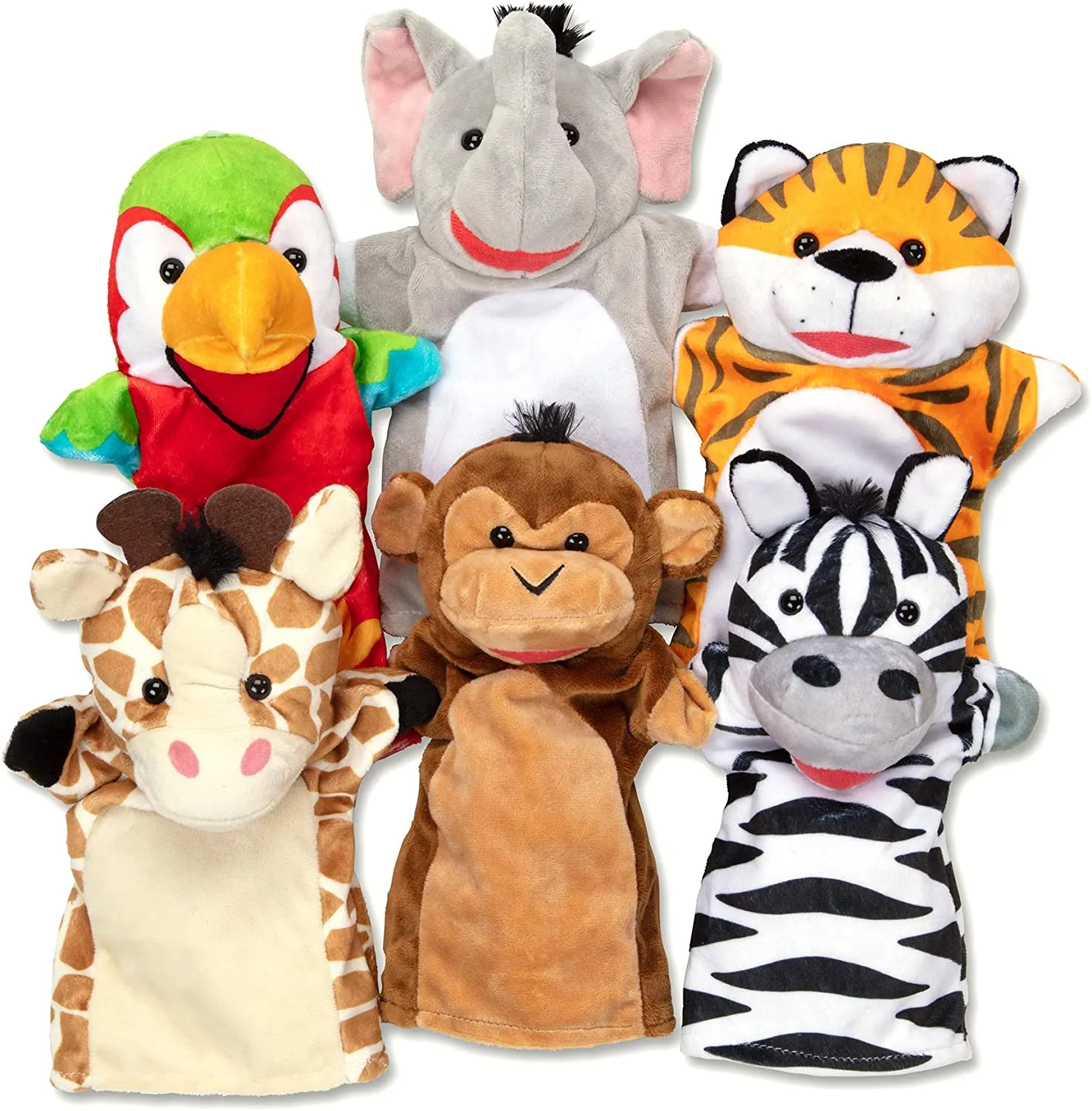 Safari  Hand Puppets, Set of 6 (Elephant, Tiger, Monkey, etc)