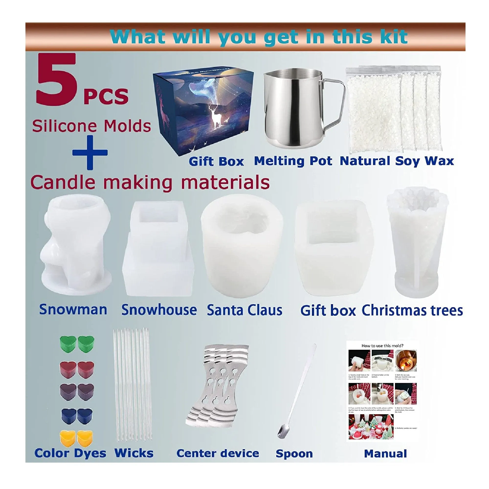 TOPEI Christmas Candle Silicone Mold | 5 3D Christmas Molds For Candles |   | Candle Making Kit | Handmade Candle Molds
