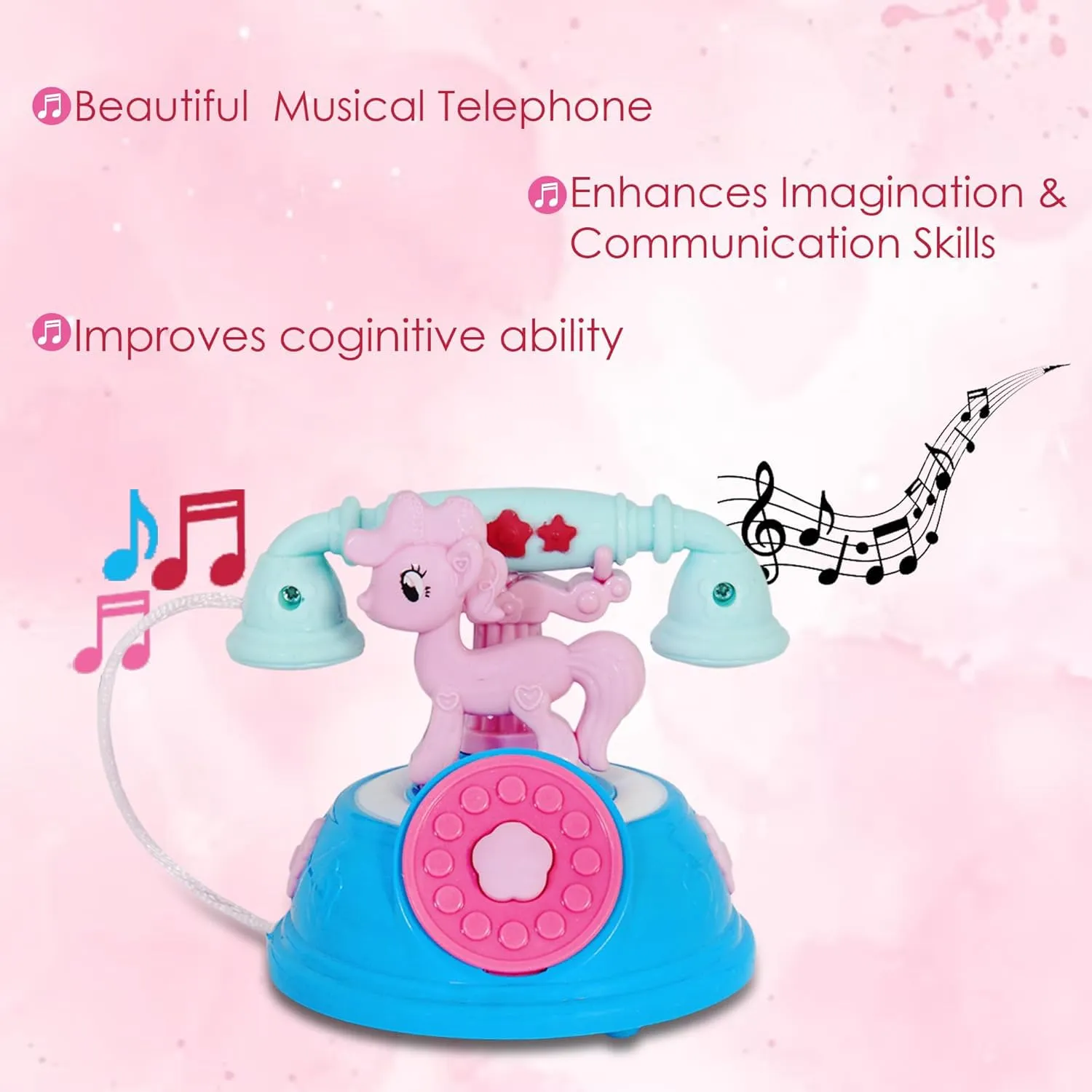VGRASSP Mini 4 inch Simulation Landline Telephone Toy for Kids - Pony Attached Base Pretend Play Classic Telephone Toy with Light and Music - Color As Per Stock
