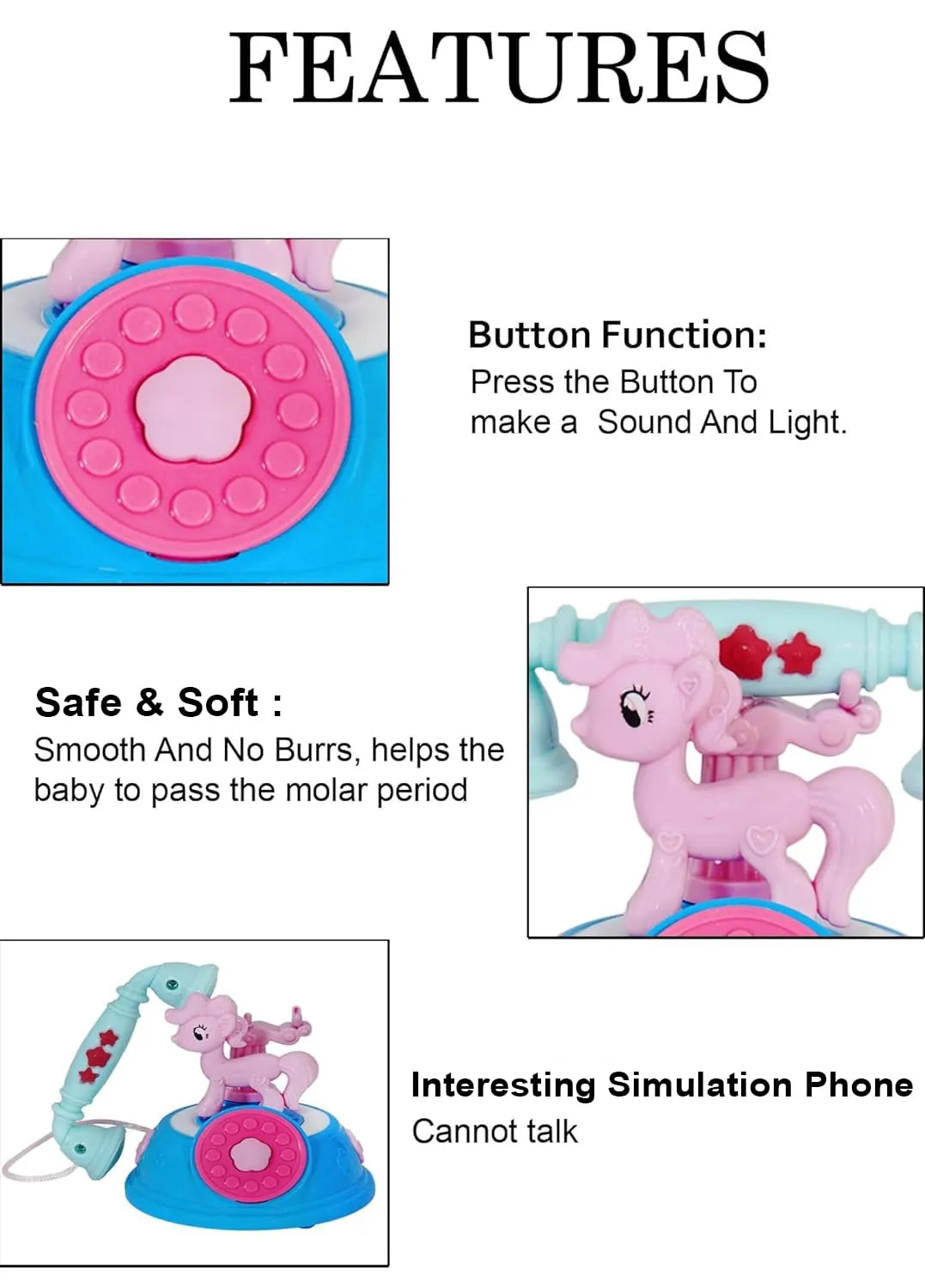 VGRASSP Mini 4 inch Simulation Landline Telephone Toy for Kids - Pony Attached Base Pretend Play Classic Telephone Toy with Light and Music - Color As Per Stock