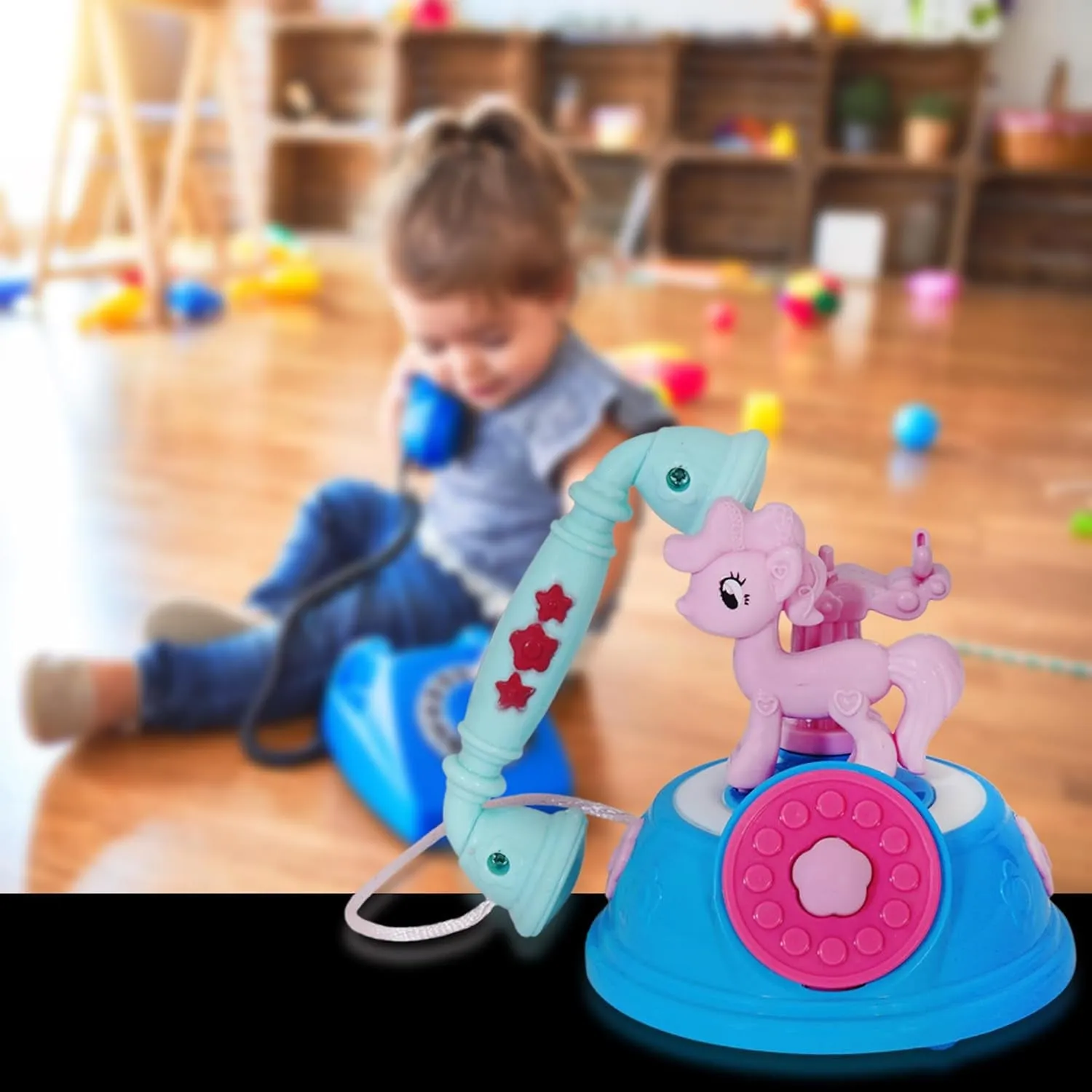 VGRASSP Mini 4 inch Simulation Landline Telephone Toy for Kids - Pony Attached Base Pretend Play Classic Telephone Toy with Light and Music - Color As Per Stock