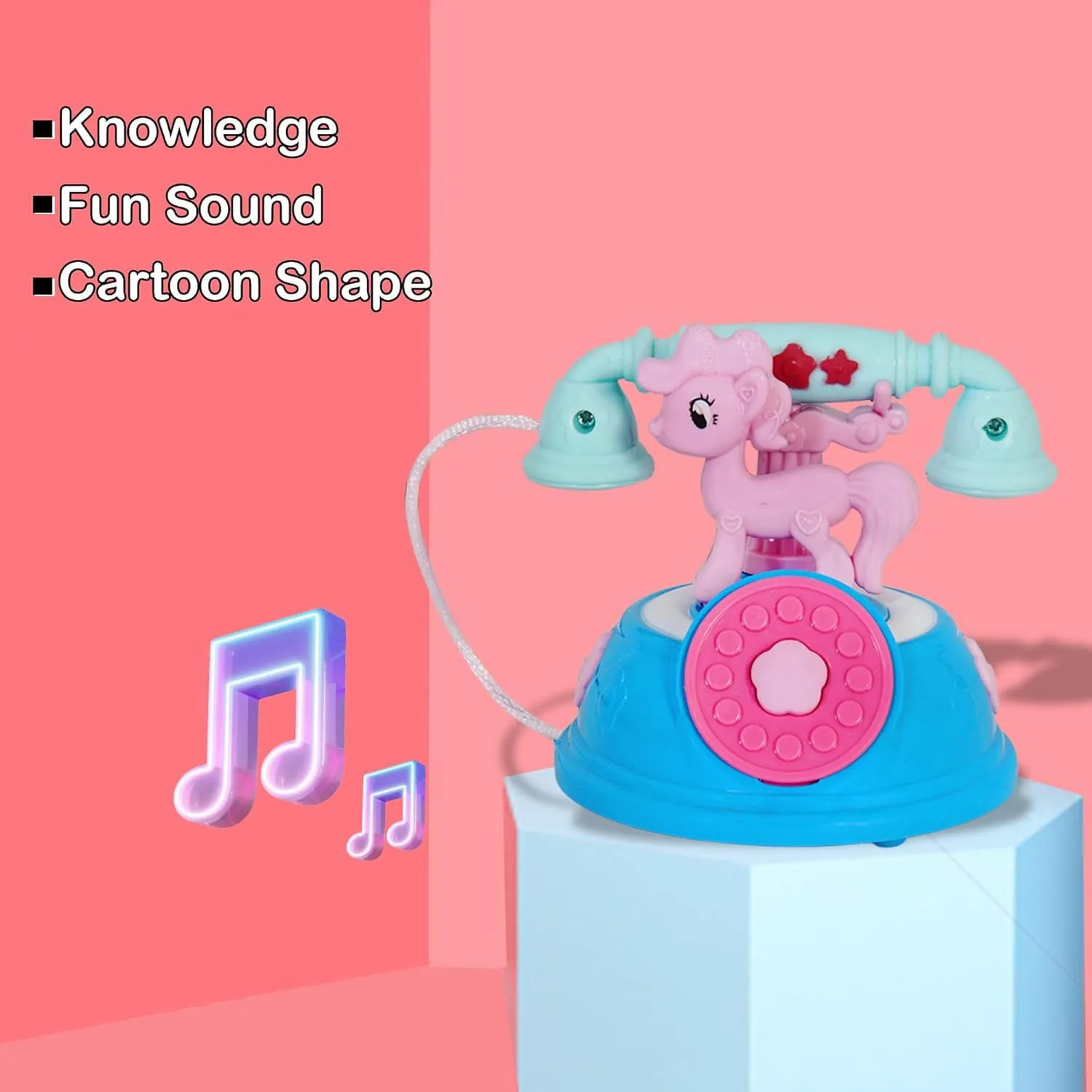 VGRASSP Mini 4 inch Simulation Landline Telephone Toy for Kids - Pony Attached Base Pretend Play Classic Telephone Toy with Light and Music - Color As Per Stock