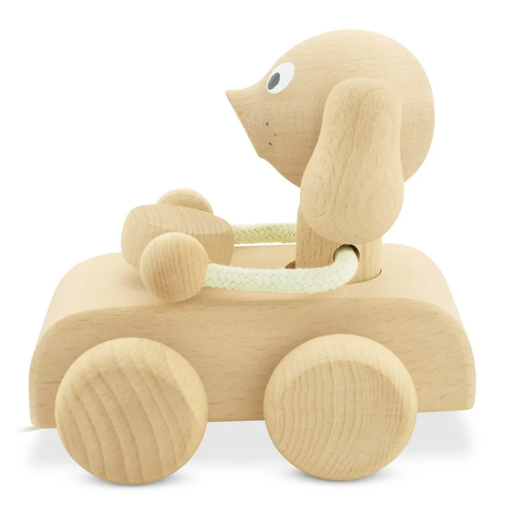 Wooden Pull Along Dog In Car - Cedric
