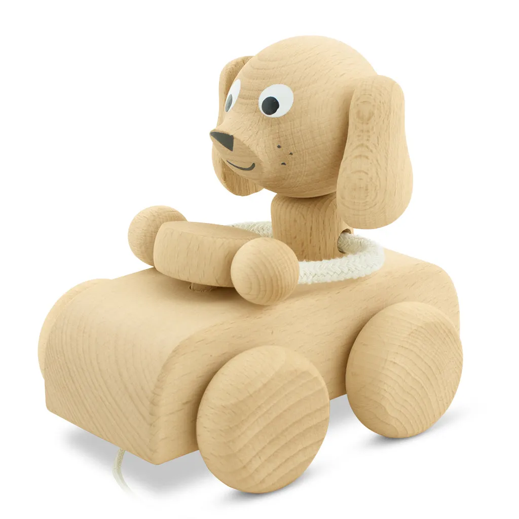 Wooden Pull Along Dog In Car - Cedric